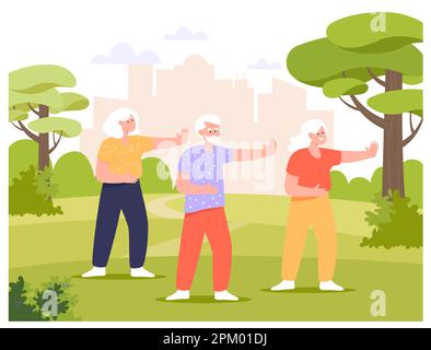 Groupe de personnes âgées faisant des exercices de Tai Chi ou de Qigong à l'extérieur Illustration de Vecteur