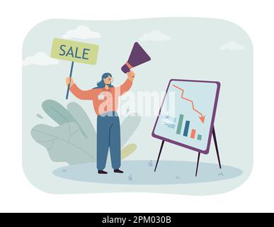 Fille tenant haut-parleur et bannière avec vente de mot Illustration de Vecteur