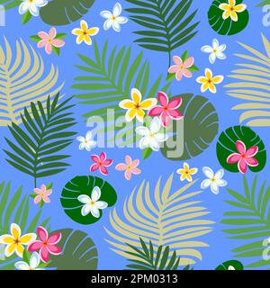 Motif vectoriel d'été sans couture avec feuilles tropicales, fleurs frangipani. Illustration de Vecteur