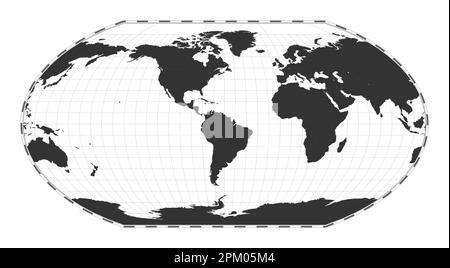 Carte du monde vectoriel. Wagner VI projection. Carte géographique du monde Uni avec lignes de latitude et de longitude. Centré sur la longitude 60deg E. Illustrateur vectoriel Illustration de Vecteur