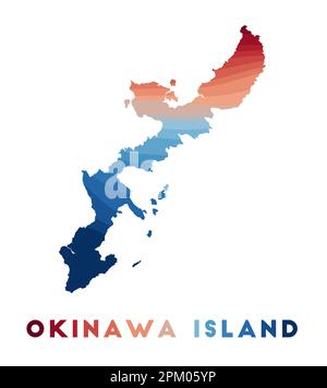 Carte de l'île d'Okinawa. Carte de l'île avec de belles vagues géométriques dans les couleurs bleu rouge. Forme Okinawa éclatante. Illustration vectorielle. Illustration de Vecteur