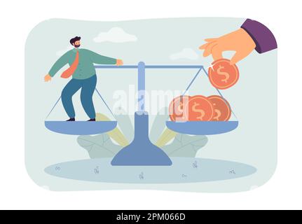 Main d'homme d'affaires mettant de l'argent sur des balances avec un petit employé Illustration de Vecteur