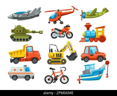 Jeu d'illustrations vectorielles plates de différents jouets de transport pour enfants Illustration de Vecteur