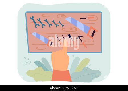 Main de la personne qui choisit les outils de travail sur une planche en bois Illustration de Vecteur