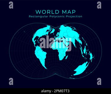 Carte du monde. Projection polyconique rectangulaire (War Office). Illustration futuriste du monde de l'infographie. Couleurs cyan vives sur fond sombre. Tre Illustration de Vecteur