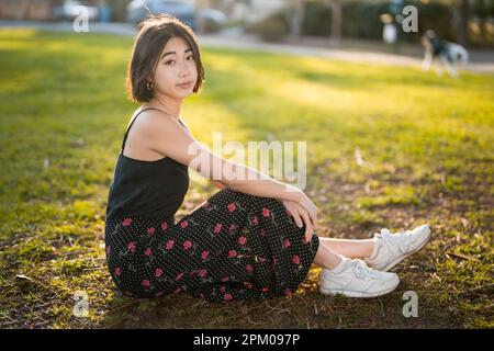 Jeune femme asiatique assise sur l'herbe dans un parc Palo Alto | Backlit | Moody | tons chauds Banque D'Images