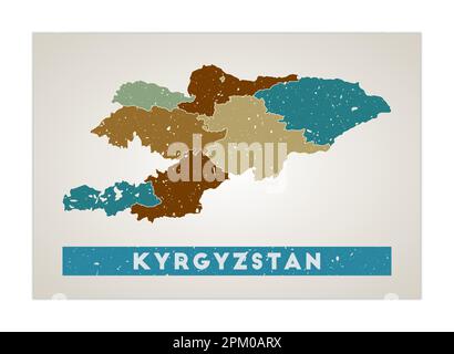 Carte du Kirghizistan. Affiche pays avec régions. Ancienne texture de grunge. Forme du Kirghizistan avec nom de pays. Illustration vectorielle attrayante. Illustration de Vecteur