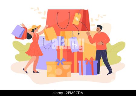 Joyeux petit homme et femme avec des sacs de shopping et d'énormes boîtes-cadeaux Illustration de Vecteur