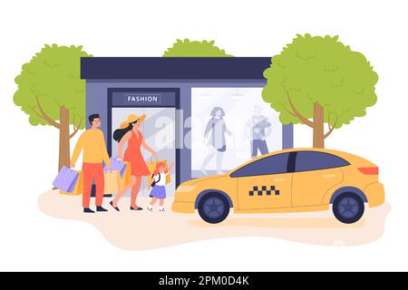 Bonne famille avec des sacs à provisions en direction du taxi Illustration de Vecteur