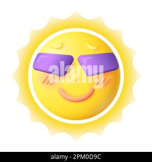 3d style de dessin animé heureux soleil jaune dans l'icône de lunettes de soleil Illustration de Vecteur