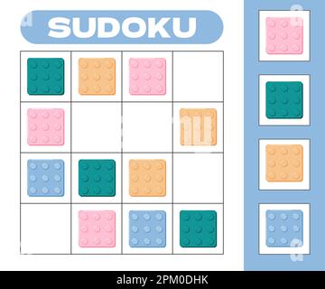 Sudoku 4x4 jeu logique pour les enfants avec des blocs colorés. Rembus éducatif préscolaire avec des éléments carrés. Casse-tête pour enfants, énigme pour les livres. V Illustration de Vecteur