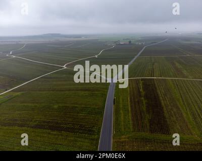 Vue aérienne panoramique d'hiver sur un paysage nuageux, vignobles de vallée près du village de champagne Ludes Premier cru près d'Epernay, production de vin en France Banque D'Images