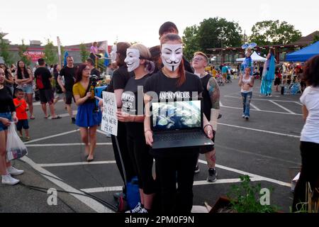 Anonyme pour les activistes animaux végétaliens sans voix avec le Cube de vérité tenant des signes, des dispositifs électroniques, et portant des masques Guy Fawkes à St. Paul, MN. Banque D'Images