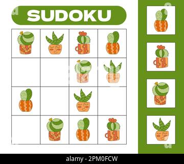 Feuille de travail 4x4 de jeu de sudoku pour enfants de cute cactus dans des pots de zentangle. Puzzle pour enfants, énigme logique, rebus éducatif avec cactus drôles pour les livres pour enfants des macagins. Illustration vectorielle. Illustration de Vecteur