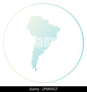 Badge numérique Amérique du Sud. Carte de style pointillé de l'Amérique du Sud en cercle. Icône Tech du continent avec des points dégradés. Illustration de Vecteur