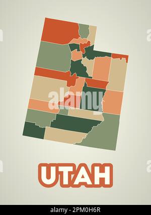 Affiche de l'Utah dans un style rétro. Carte de l'état des États-Unis avec les régions dans la palette de couleurs d'automne. Forme de l'Utah avec le nom de l'état américain. Illustration de Vecteur