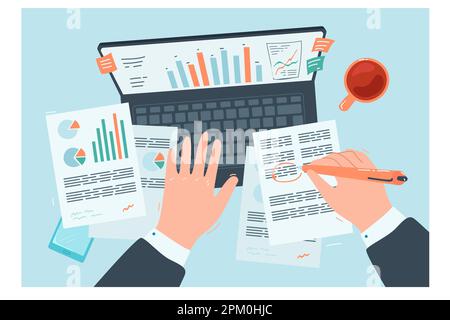 Vue de dessus du comptable analysant les documents d'affaires Illustration de Vecteur