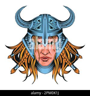 Femme Viking. Caractère viking mythologique scandinave. Valkyrie dans un casque à cornes Illustration de Vecteur