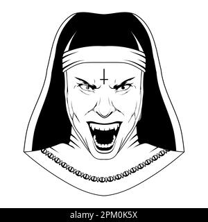 La nonne du mal. Dessin d'illustration vectorielle du costume d'halloween possédé par le démon. Sœur sainte en colère Illustration de Vecteur