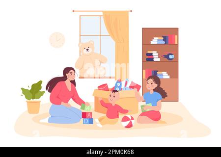 Mère ou nounou jouant avec les enfants à la maison Illustration de Vecteur