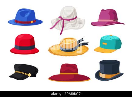 Ensemble de chapeaux et de casquettes pour hommes et femmes d'illustrations vectorielles de dessins animés Illustration de Vecteur