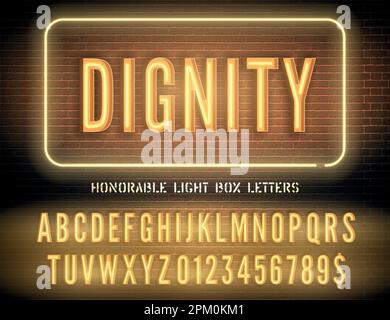 Boîte néon bleue police étroite et vecteur dignité nuit lumière signe sur fond de brique Illustration de Vecteur