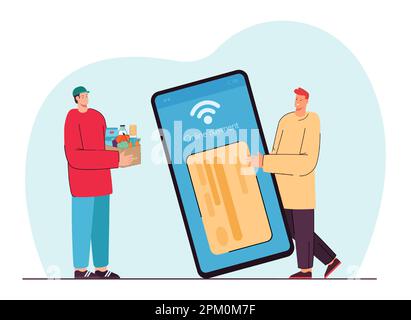 Messagerie avec épicerie et client avec un énorme téléphone intelligent Illustration de Vecteur