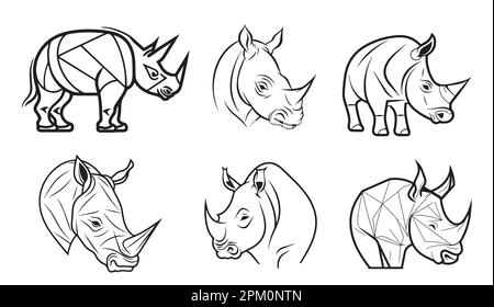 Dessin du logo Rhino Set dessiné à la main dans une illustration de style Doodle Illustration de Vecteur