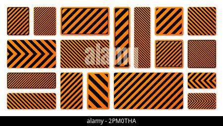 Divers panneaux d'avertissement noirs et orange avec lignes diagonales. Panneau attention, danger ou attention, signalisation du chantier. Panneau de signalisation réaliste Illustration de Vecteur