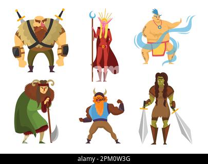 Géant, viking, guerrier, orc et autres monstres dans différentes postures Illustration de Vecteur