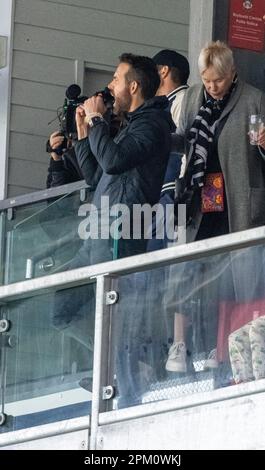 Wrexham, Wrexham County Borough, pays de Galles, 10th avril 2023. Ryan Reynolds, co-propriétaire de Wrexham, observe le jeu, pendant le club de football de l'association Wrexham V Notts County football Club au champ de courses, dans la Vanarama National League. (Image de crédit : ©Cody Froggatt/Alamy Live News) Banque D'Images