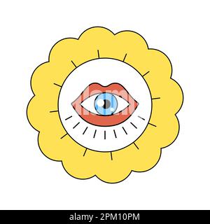 Hippie camomille personnage étrange bonne vibes. Mascotte rétro à motif marguerites avec œil dans la bouche. Tête de fleur avec le visage fou. Boho psychédélique vintage dessin animé usine EPS. Mode groovy Y2Y pop culture florale Illustration de Vecteur