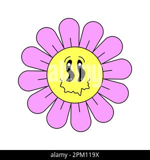 Hippie groovy camomille smiley étrange personnage bon vibes. Tête de fleur rétro, mascotte folle, fond de nez. Psychédélique positif nostalgique vintage usine de dessin animé. Mode Y2Y pop culture florale. EPS Illustration de Vecteur