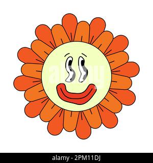 Hippie groovy camomille smiley personnage étrange. Tête de fleur rétro, mascotte folle, fond de nez. Psychédélique positive nostalgie vintage usine de dessin animé. Tendance Y2Y pop culture funky floral. Vecteur Illustration de Vecteur