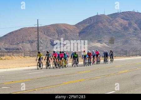 Victorville, CA, Etats-Unis – 25 mars 2023 : groupe de femmes cyclistes lors d'une course cycliste sur route dans le Majestic Cycling Event qui s'est tenu à Victorville, Californie Banque D'Images