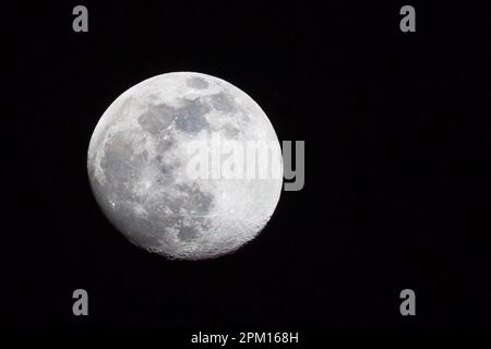 La Lune de la Terre en phase de Gibbous cirant avec des cratères visibles contre un ciel noir clair de nuit le soir du 3rd avril 2023. Banque D'Images