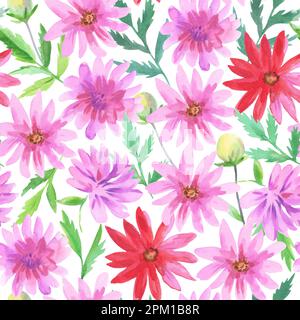 Motif coloré sans couture avec fleurs de dahlia rose et rouge aquarelle. Banque D'Images