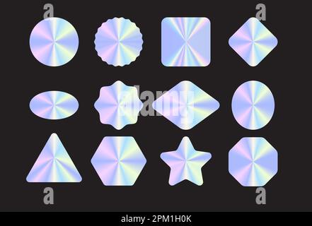 Lot d'autocollants et d'étiquettes holographiques. Illustration vectorielle. Badges hologrammes luminescents de différentes formes isolés sur fond transparent Illustration de Vecteur