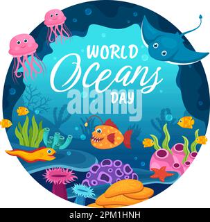 Illustration de la Journée mondiale des océans pour aider à protéger et à conserver les plantes de l'océan, du poisson, de l'écosystème ou de la mer en dessin animé à la main pour les modèles de page d'arrivée Illustration de Vecteur