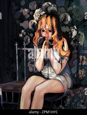 Femme pleurant dans le jardin de roses. Banque D'Images