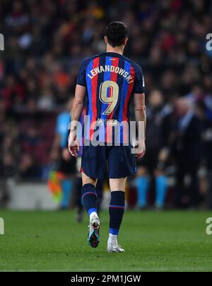 Barcelone, ESP. 10th avril 2023. FC BARCELONE contre GÉRONE FC 10 avril 2023 Robert Lewandowski (9) du FC Barcelone pendant le match entre le FC Barcelone et le FC Gérone correspondant au vingt-huit jour de la Liga Santander au camp Spotify Nou à Barcelone, en Espagne. Crédit : rosdemora/Alay Live News Banque D'Images