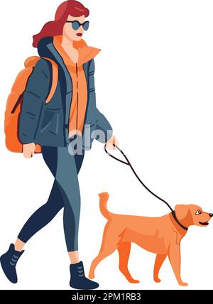 jeune femme chien de marche avec sac à dos Illustration de Vecteur
