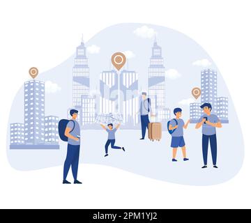Concept touristique, recherche interactive de la ville, visite de la ville, projet destinations intelligentes, parc urbain, vieille ville, prise de photos, smart spot, mode vectoriel plat Illustration de Vecteur