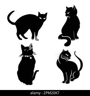 Un chat noir avec un collier rouge est assis à côté d'un chat noir. Illustration de Vecteur