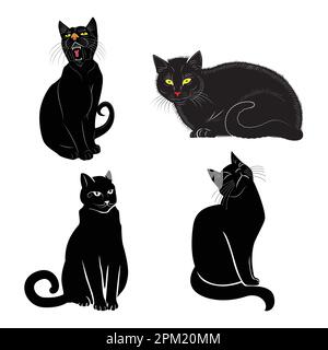 Quatre chats noirs avec des yeux de différentes couleurs sont assis dans une rangée. Illustration de Vecteur