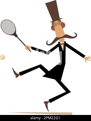 Monsieur joue au tennis illustration isolé. Dans l'homme moustache top hat joue au tennis isolated on white Illustration de Vecteur
