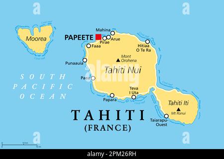 Tahiti, Polynésie française, carte politique. Plus grande île du groupe Windward des îles de la Société, avec la capitale Papeete. Banque D'Images