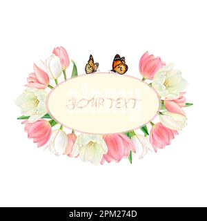 Bordure ovale aquarelle de magnifiques tulipes et papillons blancs et roses. Tracé à la main avec un espace pour votre texte au centre Banque D'Images