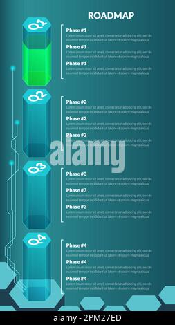 Feuille de route trimestrielle verticale pour les projets de jeu sur fond sombre. Modèle d'infographie de chronologie pour la présentation commerciale. Illustration vectorielle. Illustration de Vecteur