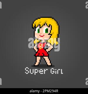 Personnage 8 bits Pixel Supergirl. Caricatures femmes dans des illustrations vectorielles. Illustration de Vecteur